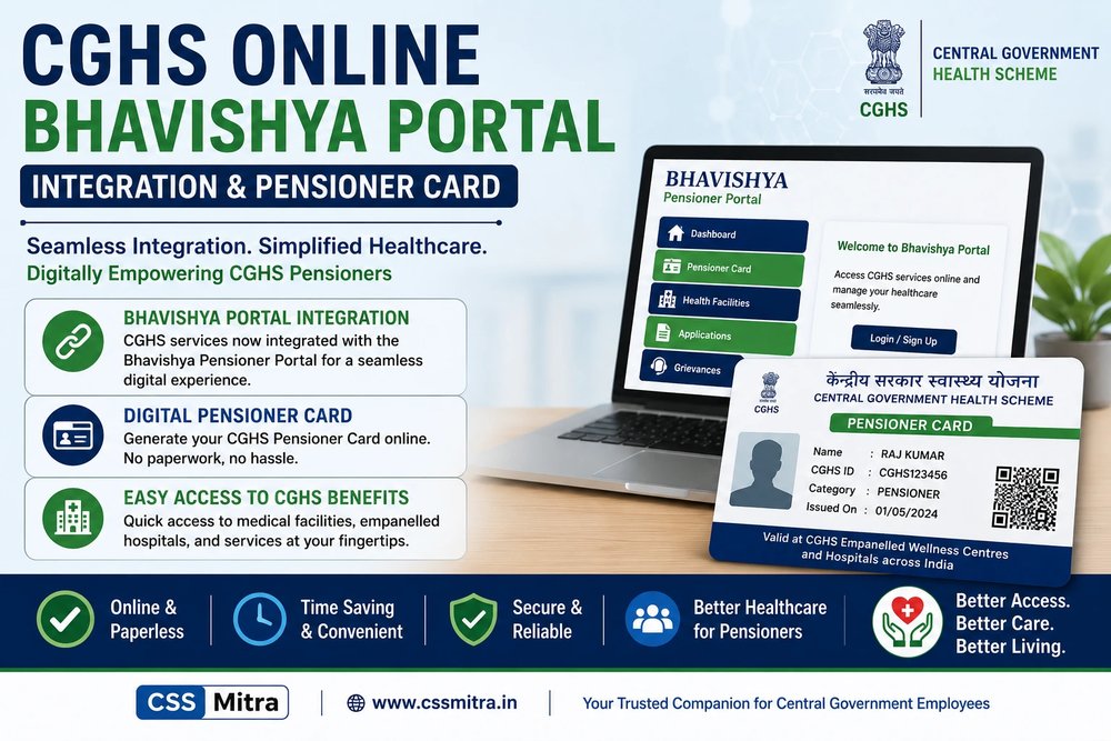 CGHS Online Bhavishya Portal integration and digital Pensioner Card infographic