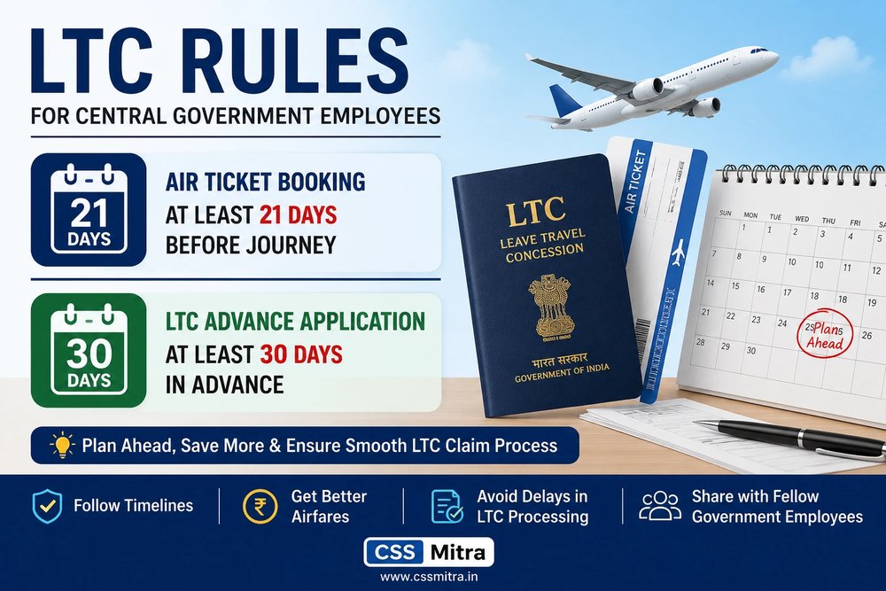 LTC air ticket rules infographic — 21-day advance booking, 30-day advance application
